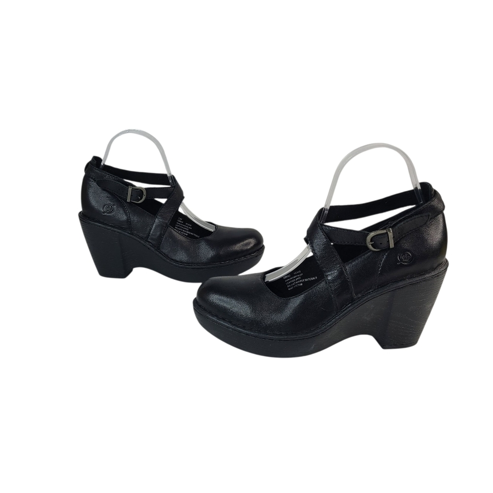 Born Black Leather Mary Jane Cross Strap Wedges Women's Size 7.5 - Picture 4 of 14
